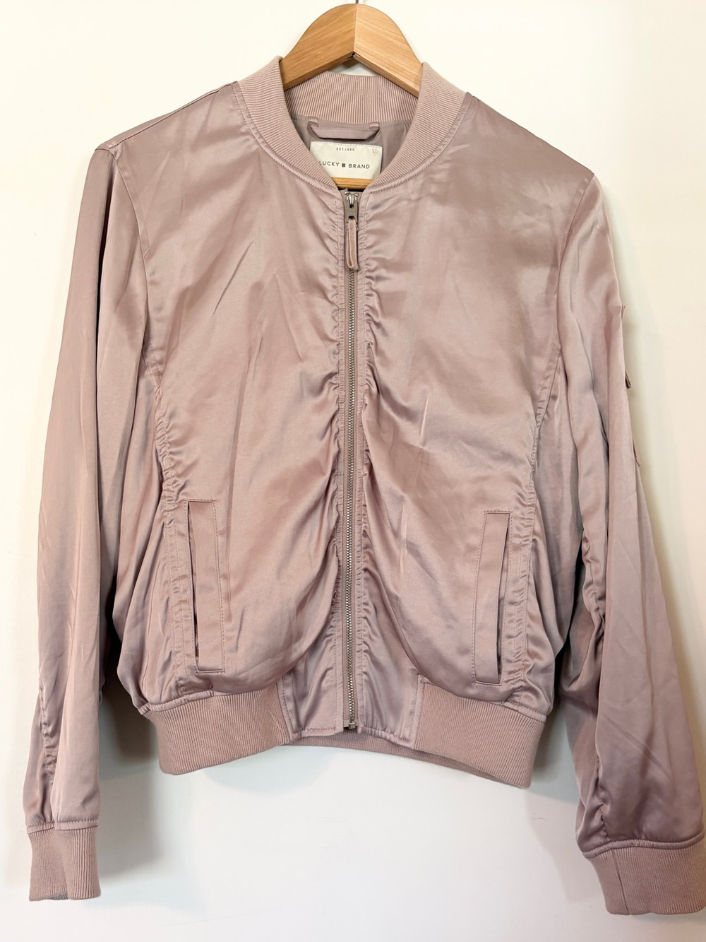 Lucky Brand Ruched Satin Bomber Jacket Pale Blush Pink M EUC